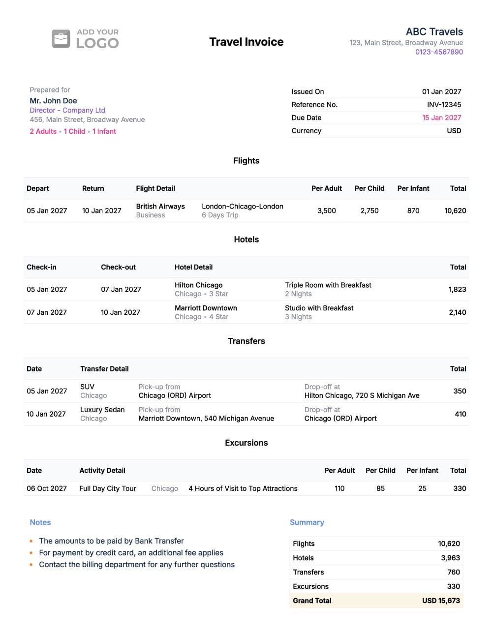 Sample Travel Invoice made with Free Travel Invoice Generator by TravelWorkspace.com